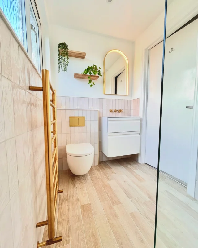 Pink and gold 🩷💛

A very recent design, supply and installation. Isn’t she a beauty 😍

Pink soldier tiling complemented by brushed brass brassware, shower profile, radiator and mirror. 🪞 

Swipe to see the before ➡️ and double tap if you LOVE!! ❤️ 

#pinkandgoldinteriors #pinkbathroom #pinkbathrooms #brushedbrass #brushedbrassbathroom #walkinshower #pinktiles