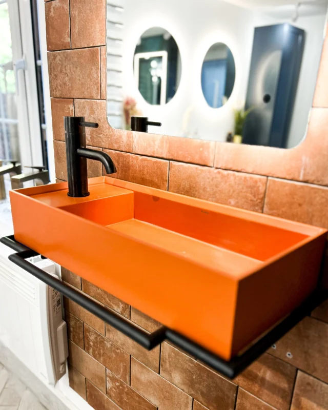 Autumn is here and coming to our showroom renovations 🧡

Swapping our previous display for something small and mighty. We love this new basin from @whitebirksinkco tell us you love it too?! 

#bathroomshowroom #orangesink #concretesink #concretebasin #concretebasins #bathroominterior #bathroominteriors